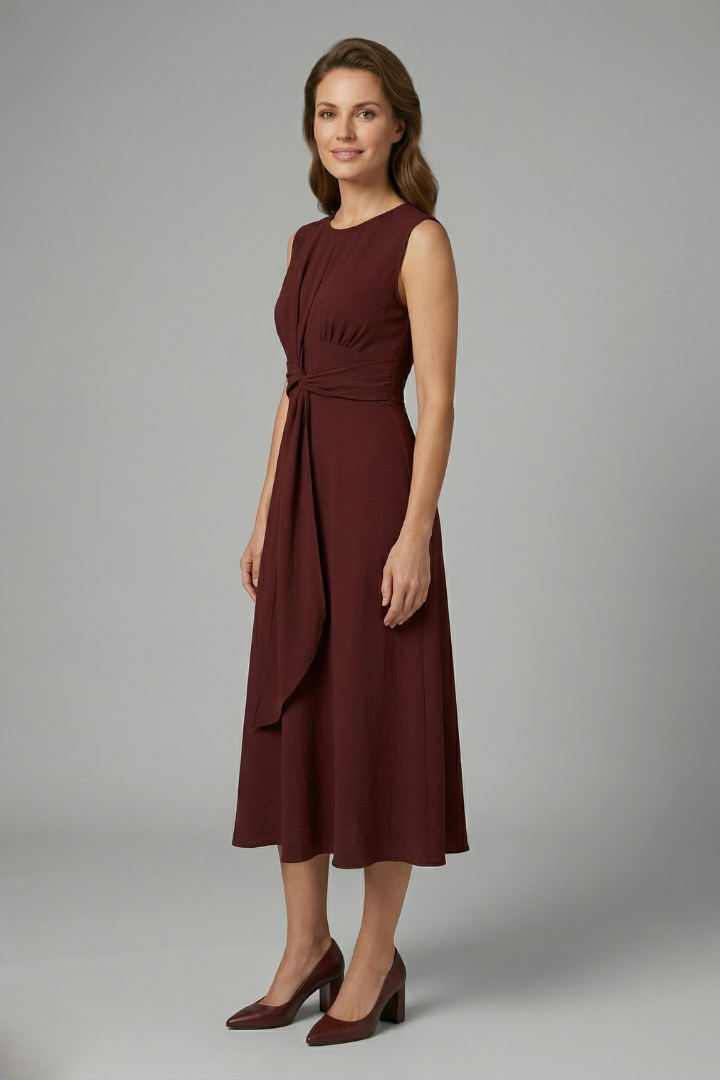 Elegant Sleeveless Midi Dress with Round Neckline | Sophia