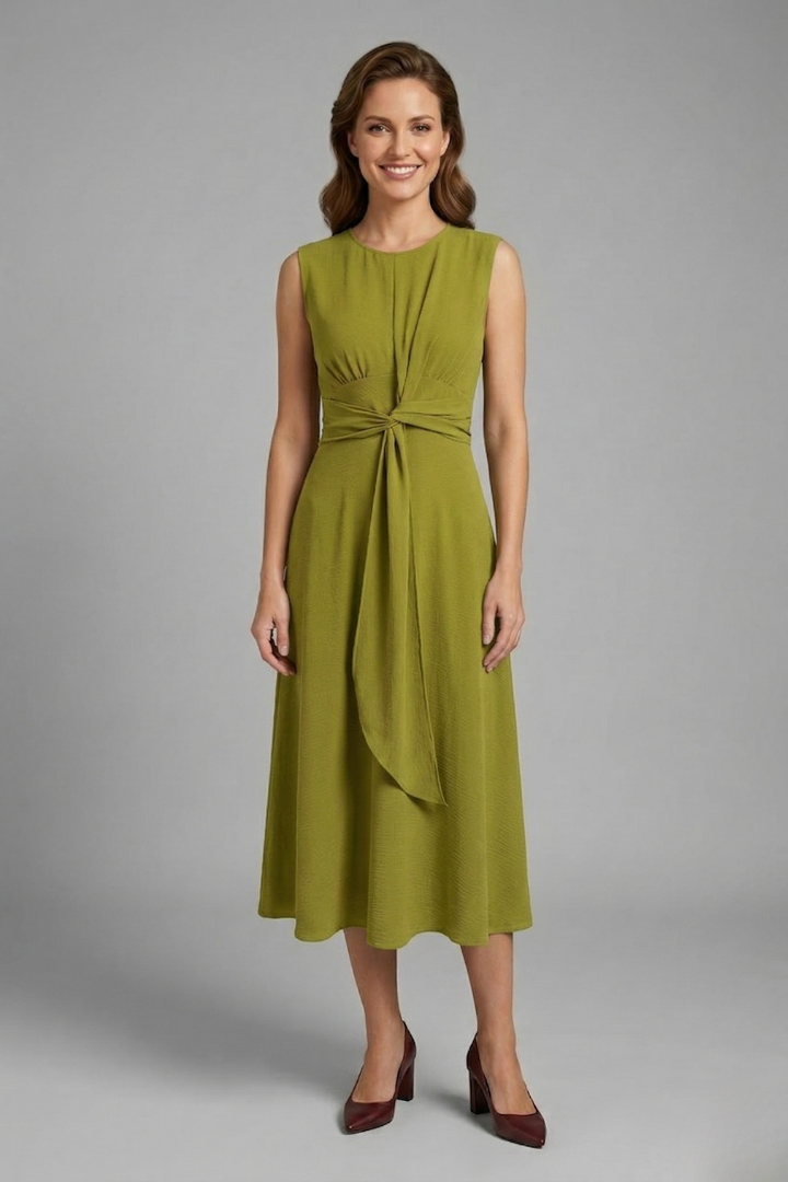 Elegant Sleeveless Midi Dress with Round Neckline | Sophia