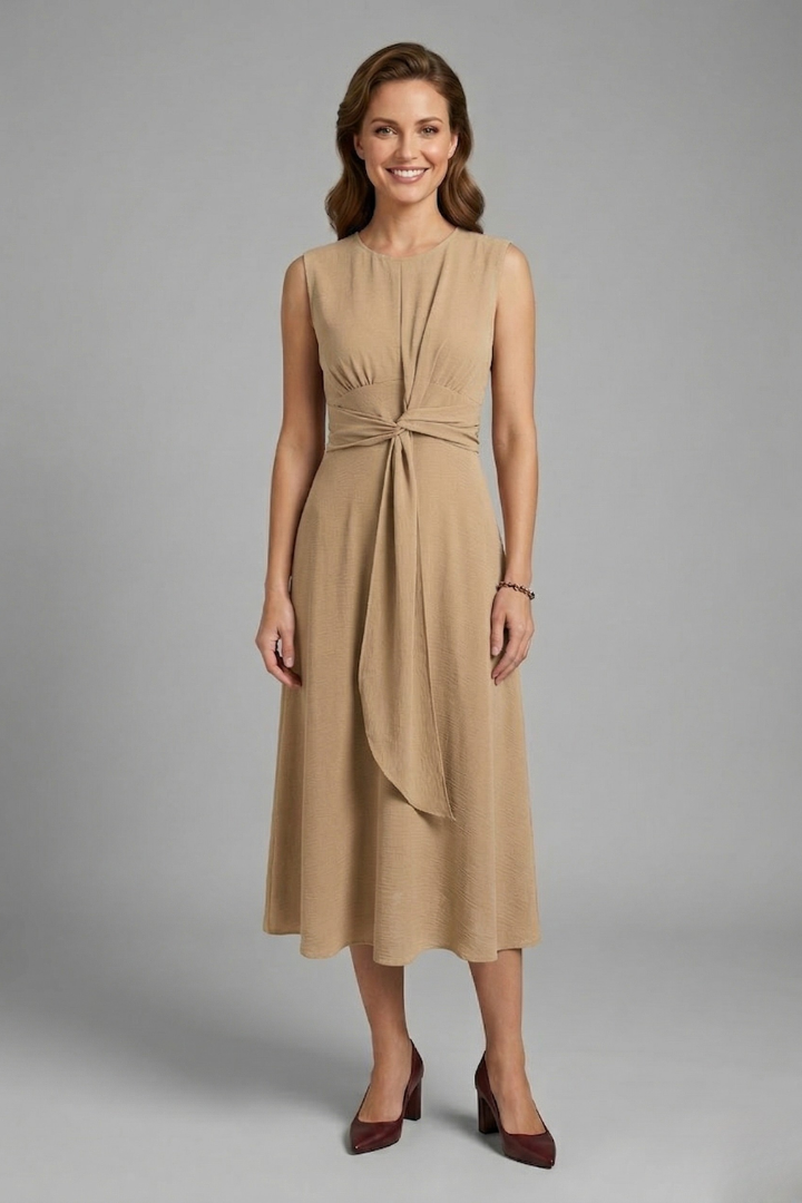 Elegant Sleeveless Midi Dress with Round Neckline | Sophia