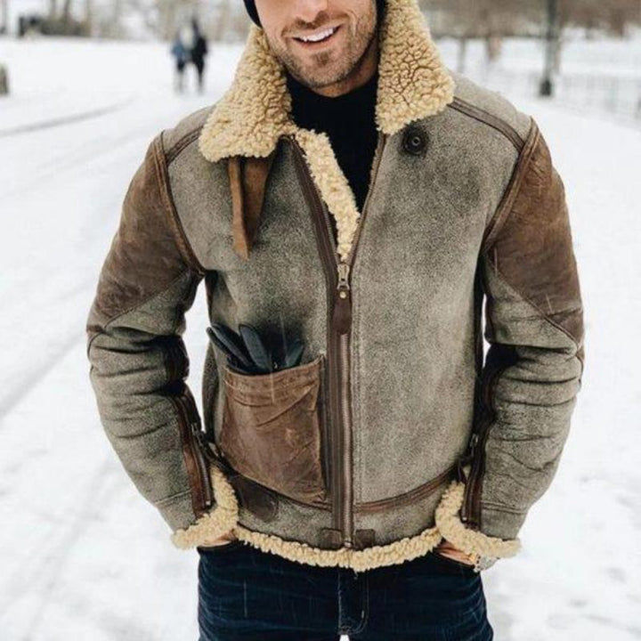 Men’s Faux Shearling Collar Zip-Up Aviator Bomber Jacket