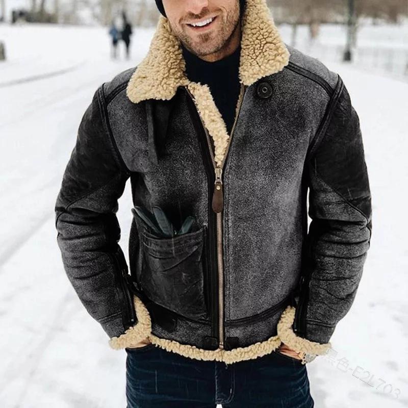 Men’s Faux Shearling Collar Zip-Up Aviator Bomber Jacket