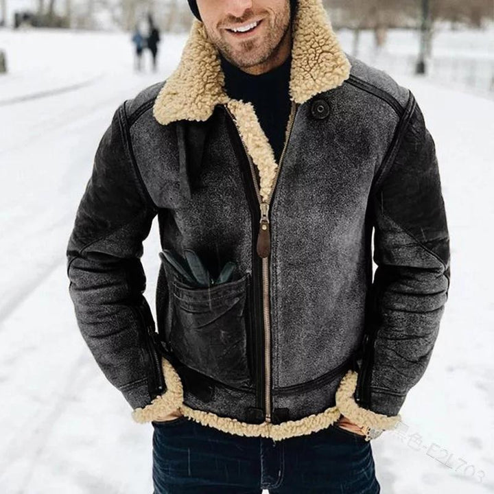 Men’s Faux Shearling Collar Zip-Up Aviator Bomber Jacket