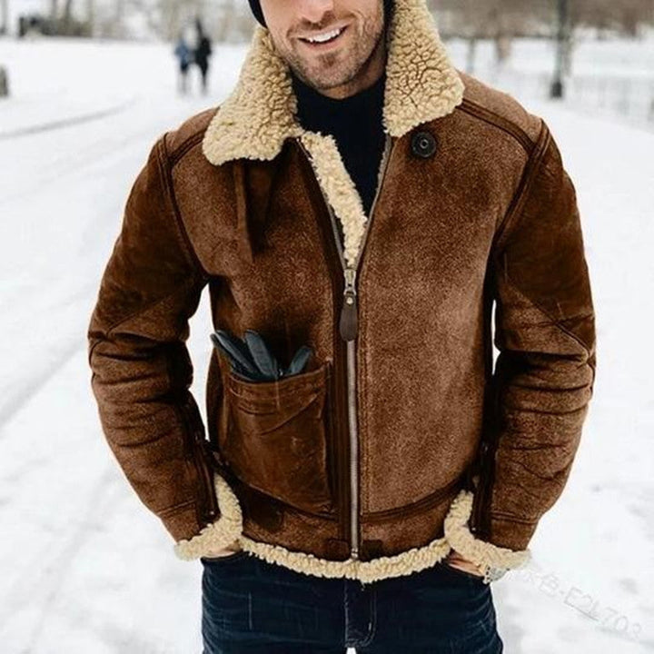 Men’s Faux Shearling Collar Zip-Up Aviator Bomber Jacket