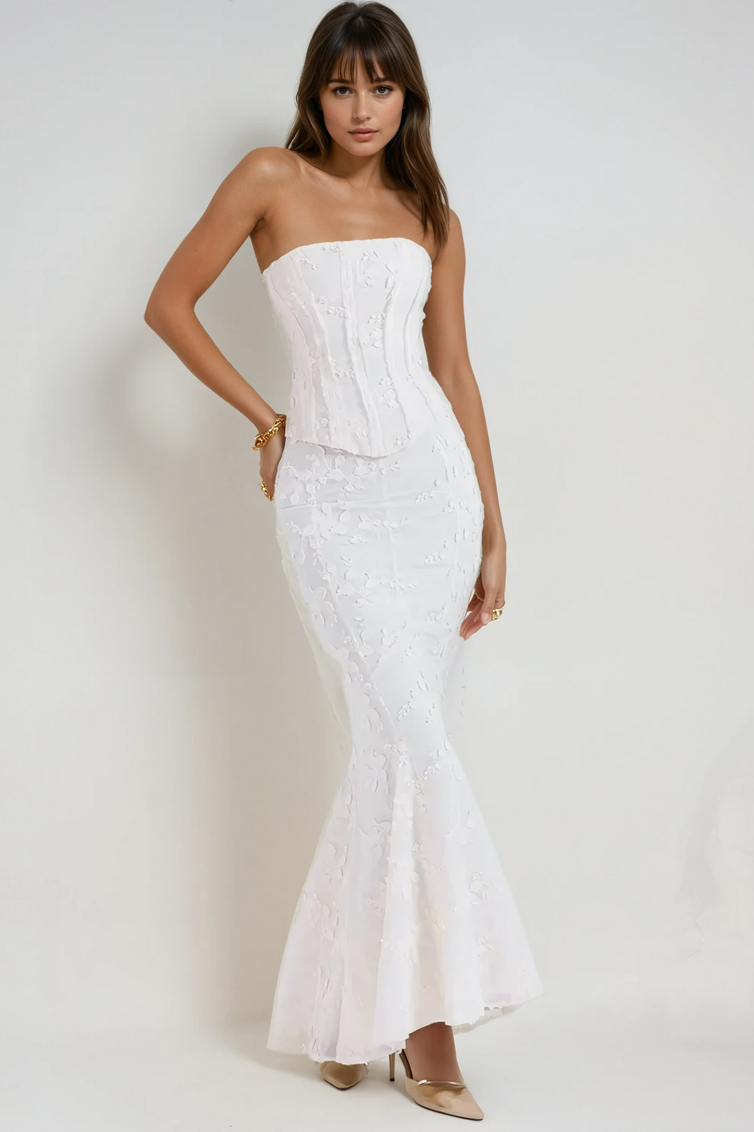 Embroidered Strapless Mermaid Maxi Dress for Weddings | Clara