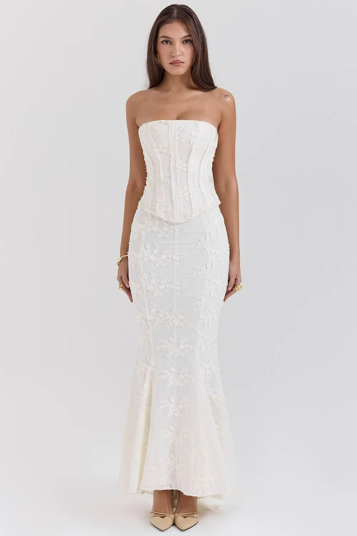 Embroidered Strapless Mermaid Maxi Dress for Weddings | Clara