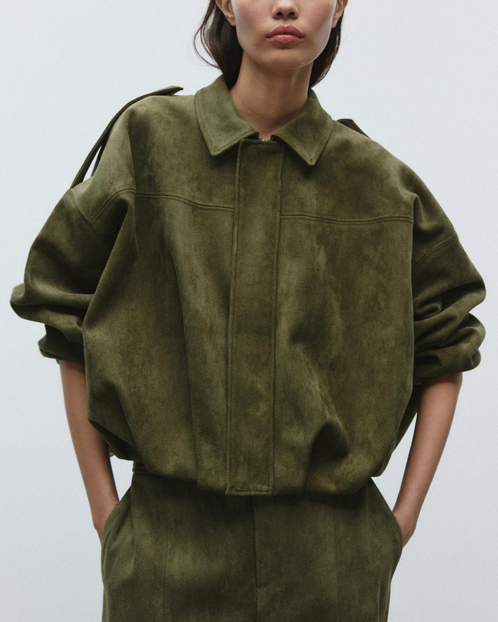 Women’s Faux Suede Oversized Bomber Zipper Jacket
