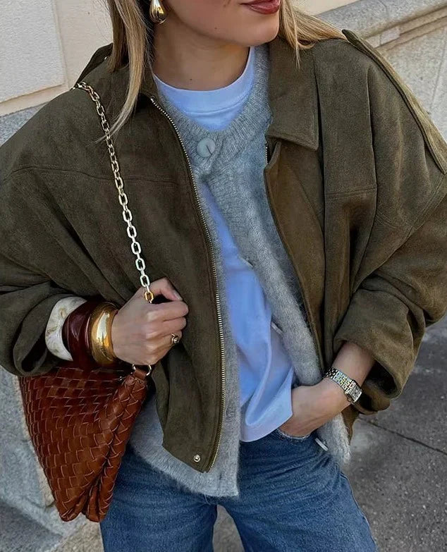 Women’s Faux Suede Oversized Bomber Zipper Jacket
