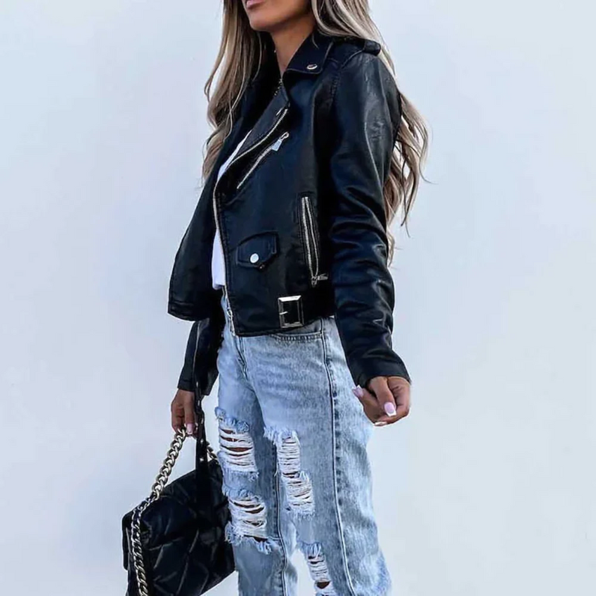 Women’s Faux Leather Biker Zipper Jacket