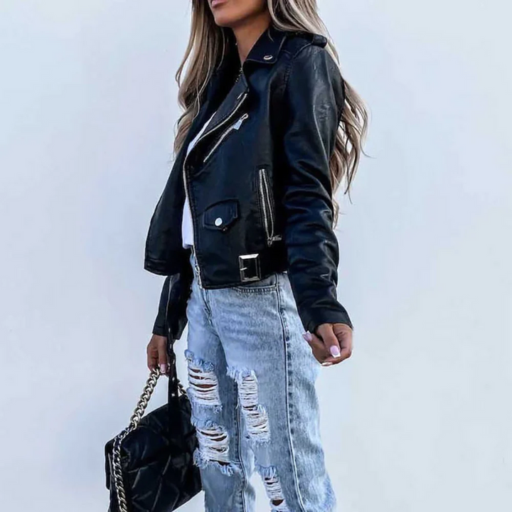 Women’s Faux Leather Biker Zipper Jacket