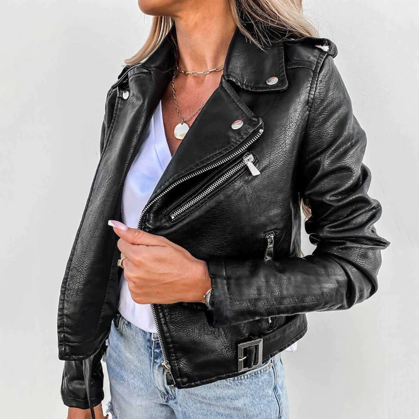 Women’s Faux Leather Biker Zipper Jacket