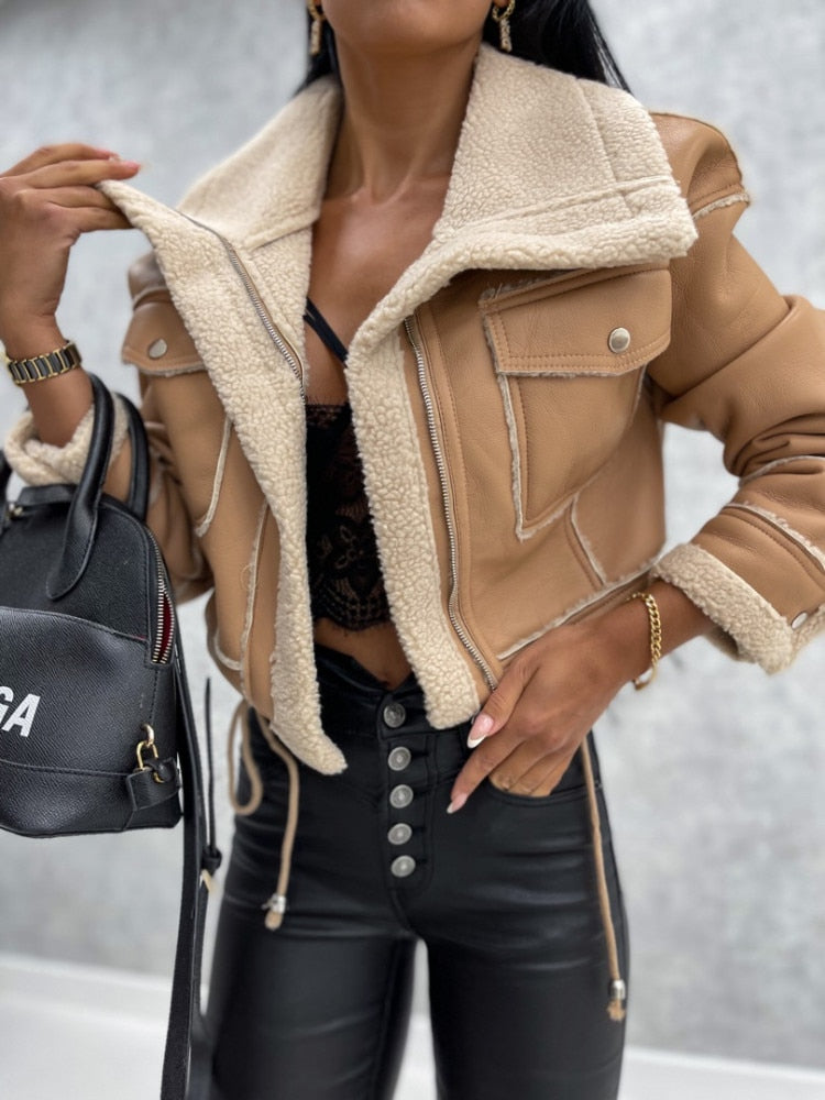 Women’s Cropped Aviator Shearling Winter Jacket
