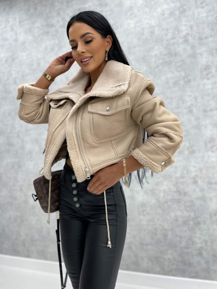 Women’s Cropped Aviator Shearling Winter Jacket