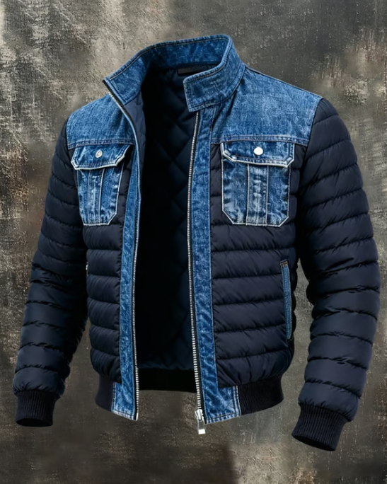 Men’s Quilted Puffer Jacket with Denim Trim