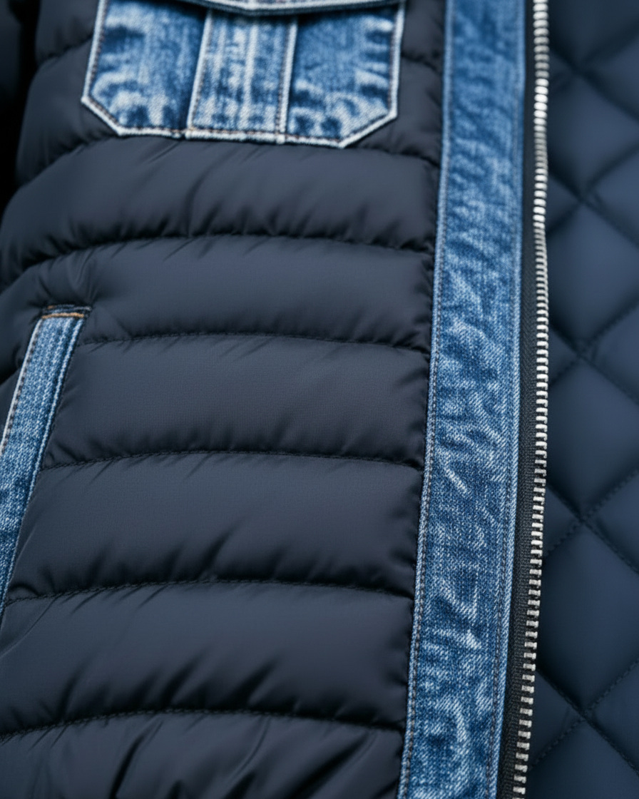 Men’s Quilted Puffer Jacket with Denim Trim