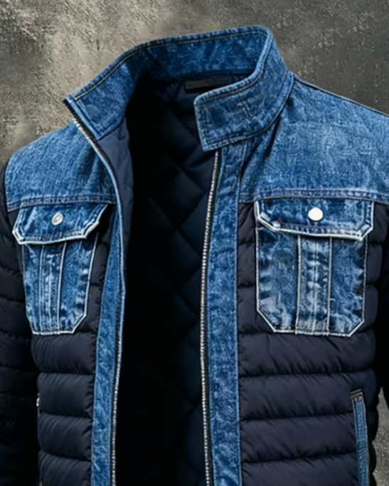 Men’s Quilted Puffer Jacket with Denim Trim