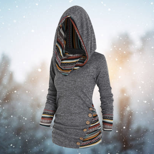 Women’s Ethnic Print Trim Cowl Neck Pullover Hoodie