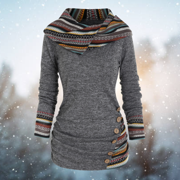 Women’s Ethnic Print Trim Cowl Neck Pullover Hoodie