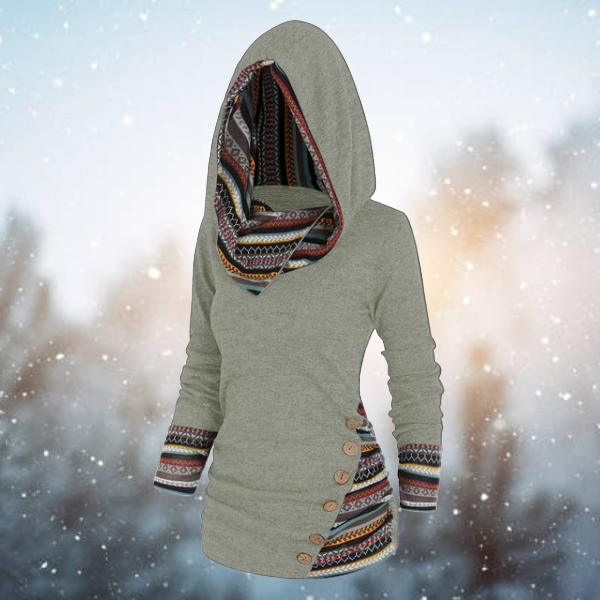 Women’s Ethnic Print Trim Cowl Neck Pullover Hoodie