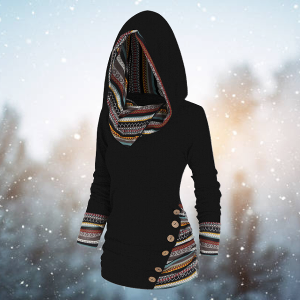 Women’s Ethnic Print Trim Cowl Neck Pullover Hoodie