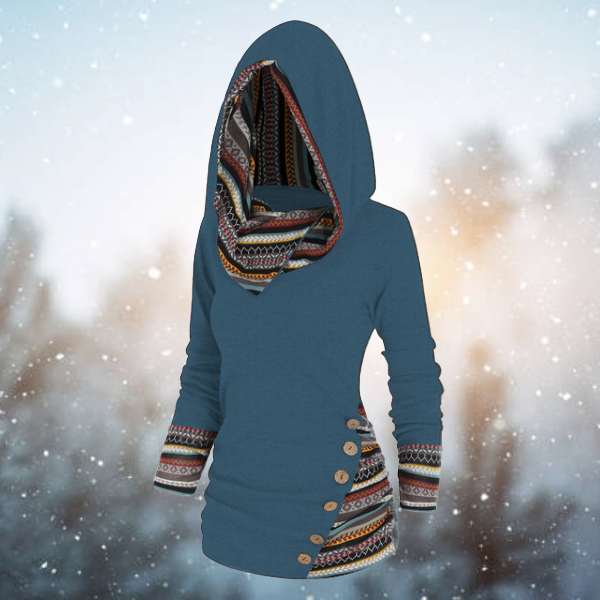 Women’s Ethnic Print Trim Cowl Neck Pullover Hoodie