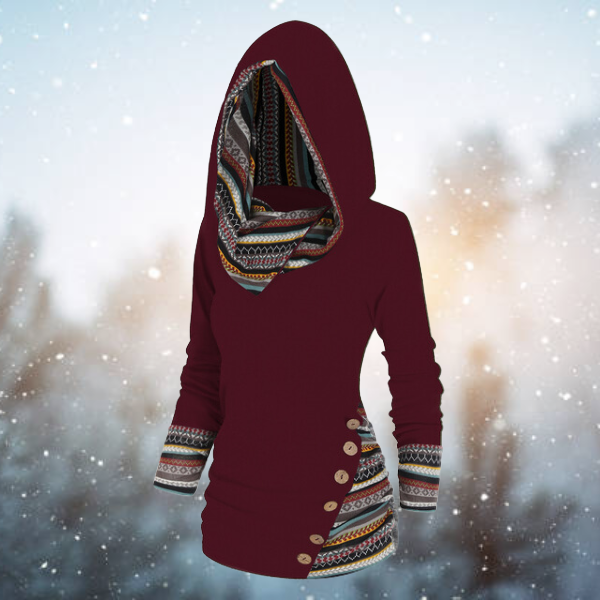 Women’s Ethnic Print Trim Cowl Neck Pullover Hoodie
