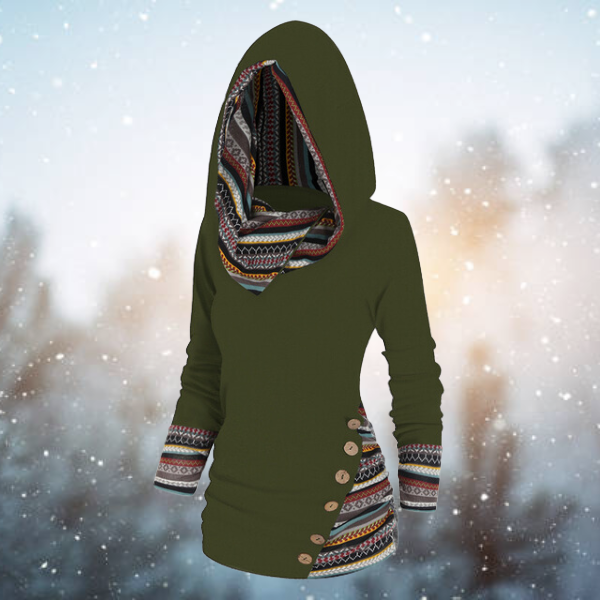 Women’s Ethnic Print Trim Cowl Neck Pullover Hoodie
