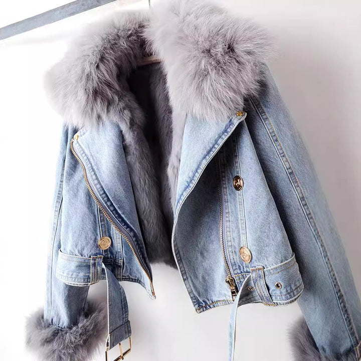 Women’s Cropped Fur Collar Denim Jacket