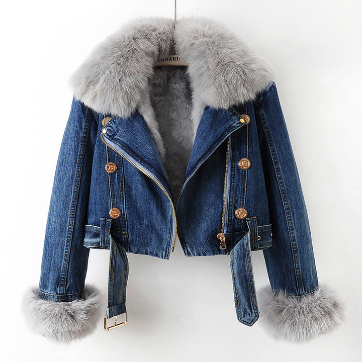 Women’s Cropped Fur Collar Denim Jacket