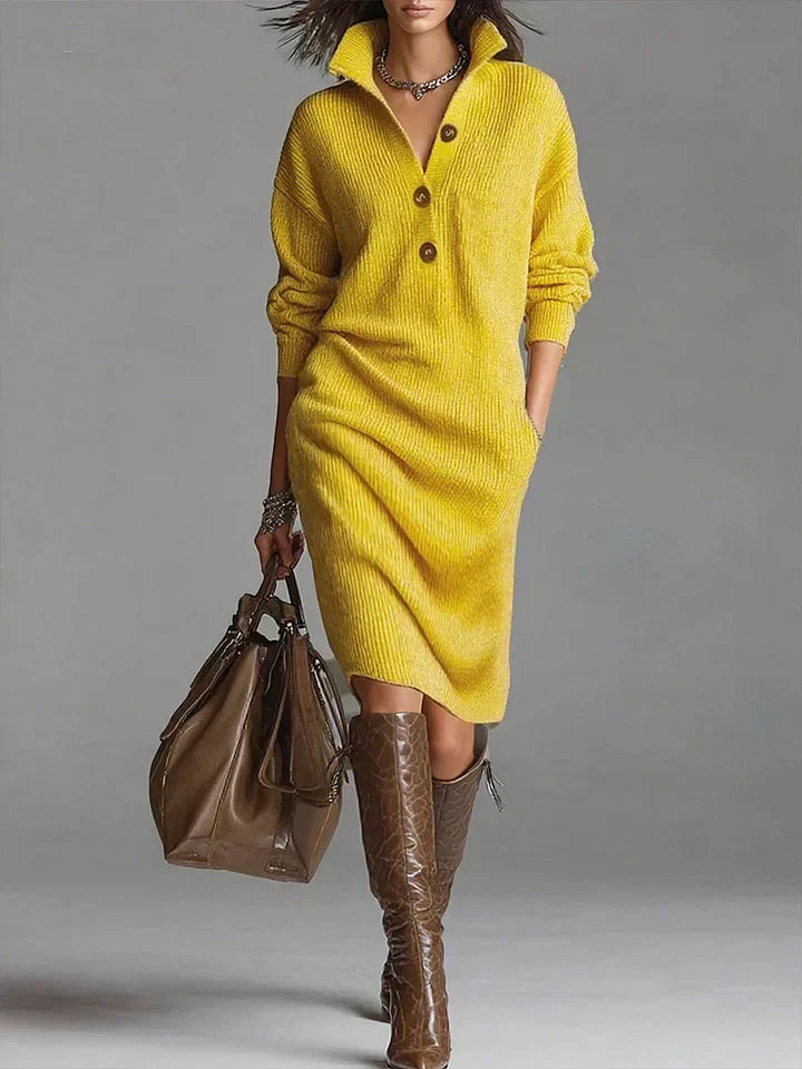 Women’s Ribbed Knit Button Placket Midi Jumper Dress