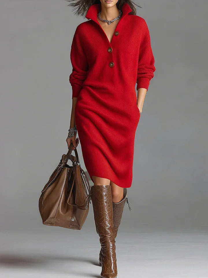 Women’s Ribbed Knit Button Placket Midi Jumper Dress