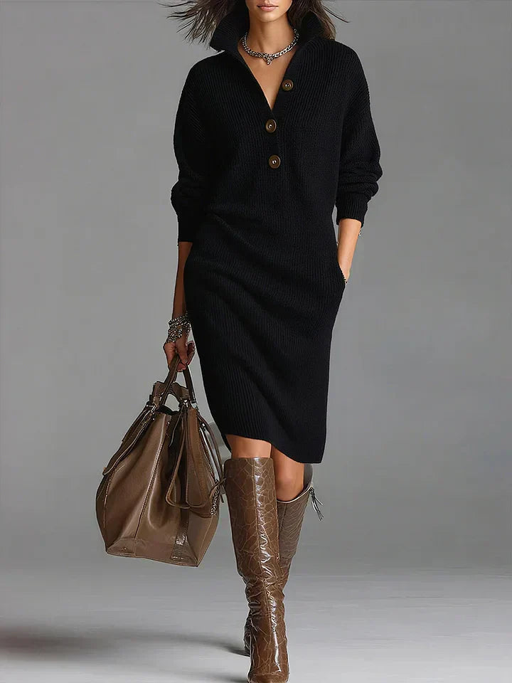Women’s Ribbed Knit Button Placket Midi Jumper Dress