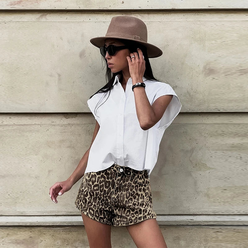 High Waisted Leopard Print Denim Shorts for Women | Felicia