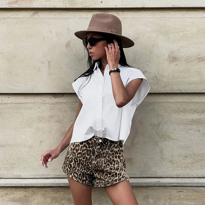 High Waisted Leopard Print Denim Shorts for Women | Felicia