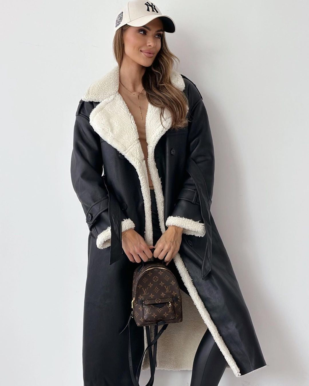Women’s Longline Shearling Trim Trench Coat Double-Breasted