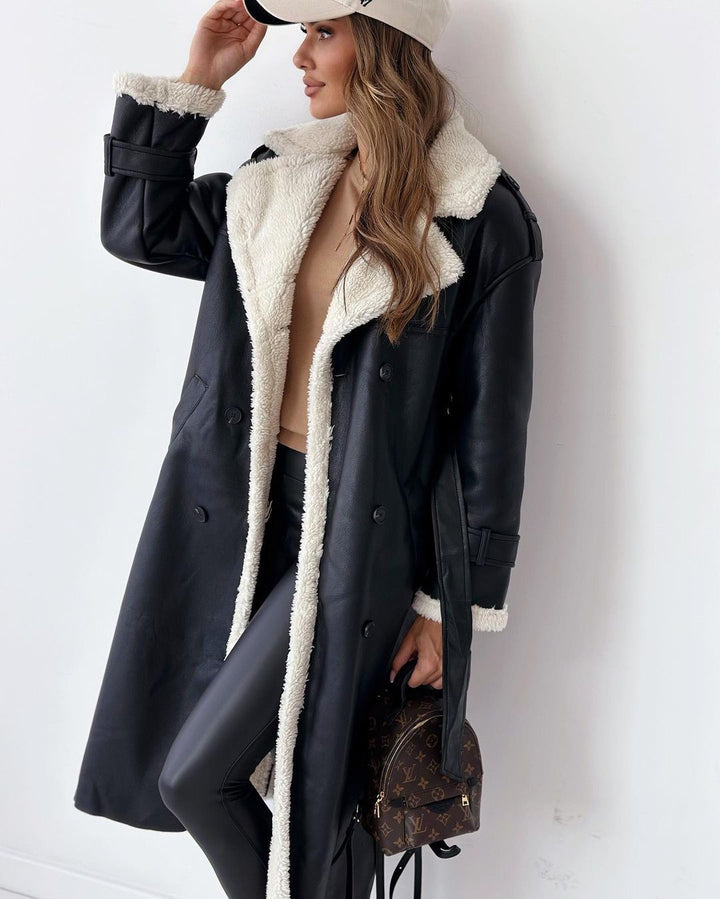 Women’s Longline Shearling Trim Trench Coat Double-Breasted