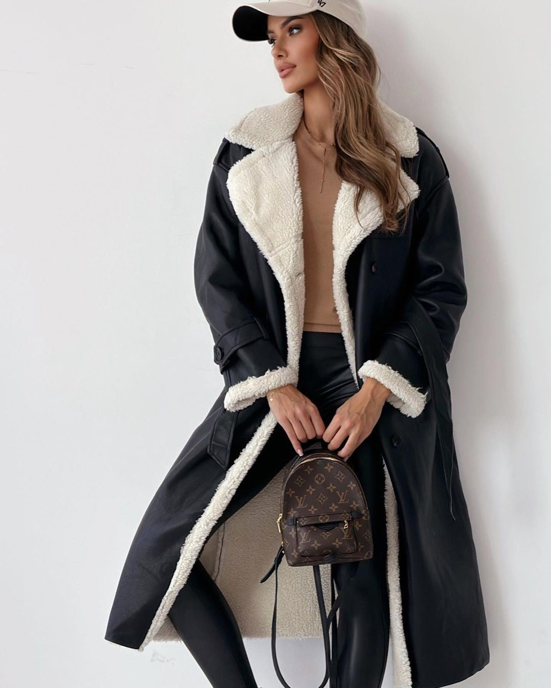 Women’s Longline Shearling Trim Trench Coat Double-Breasted