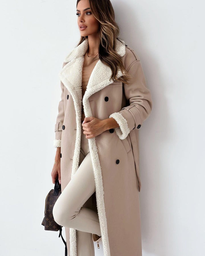 Women’s Longline Shearling Trim Trench Coat Double-Breasted