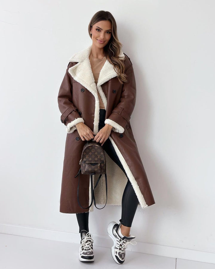 Women’s Longline Shearling Trim Trench Coat Double-Breasted