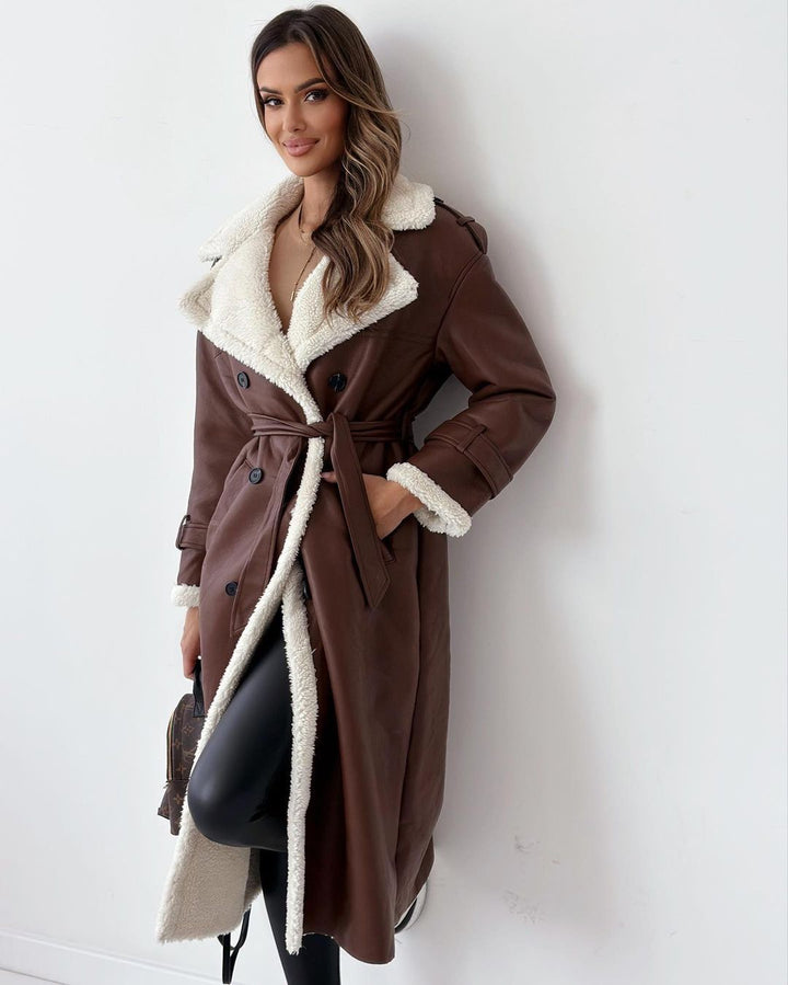 Women’s Longline Shearling Trim Trench Coat Double-Breasted