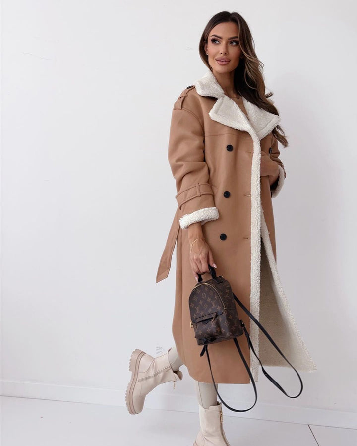 Women’s Longline Shearling Trim Trench Coat Double-Breasted