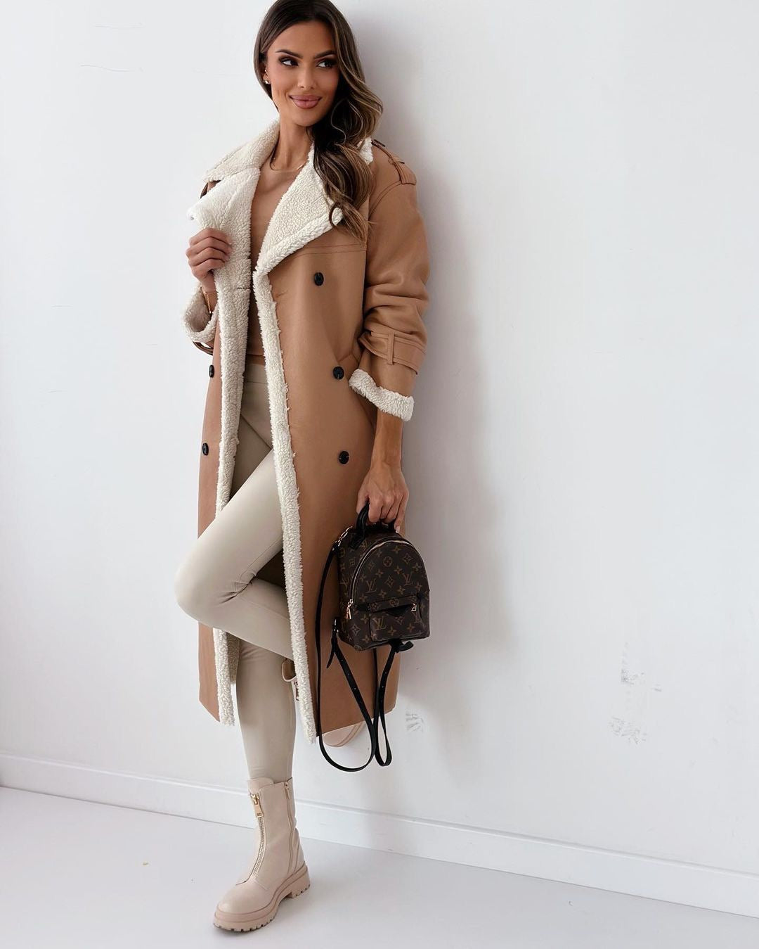Women’s Longline Shearling Trim Trench Coat Double-Breasted