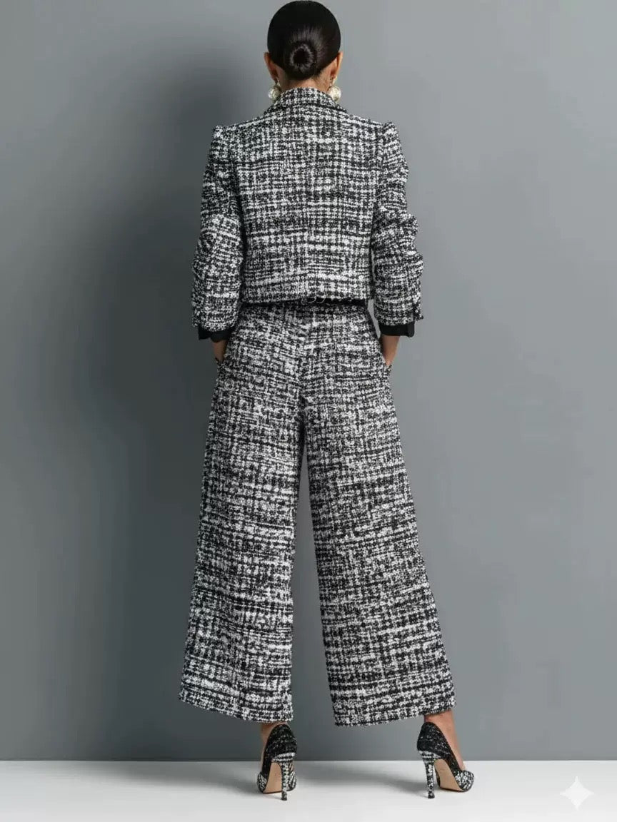 Women’s Textured Tweed Cropped Blazer Wide Leg Office Set