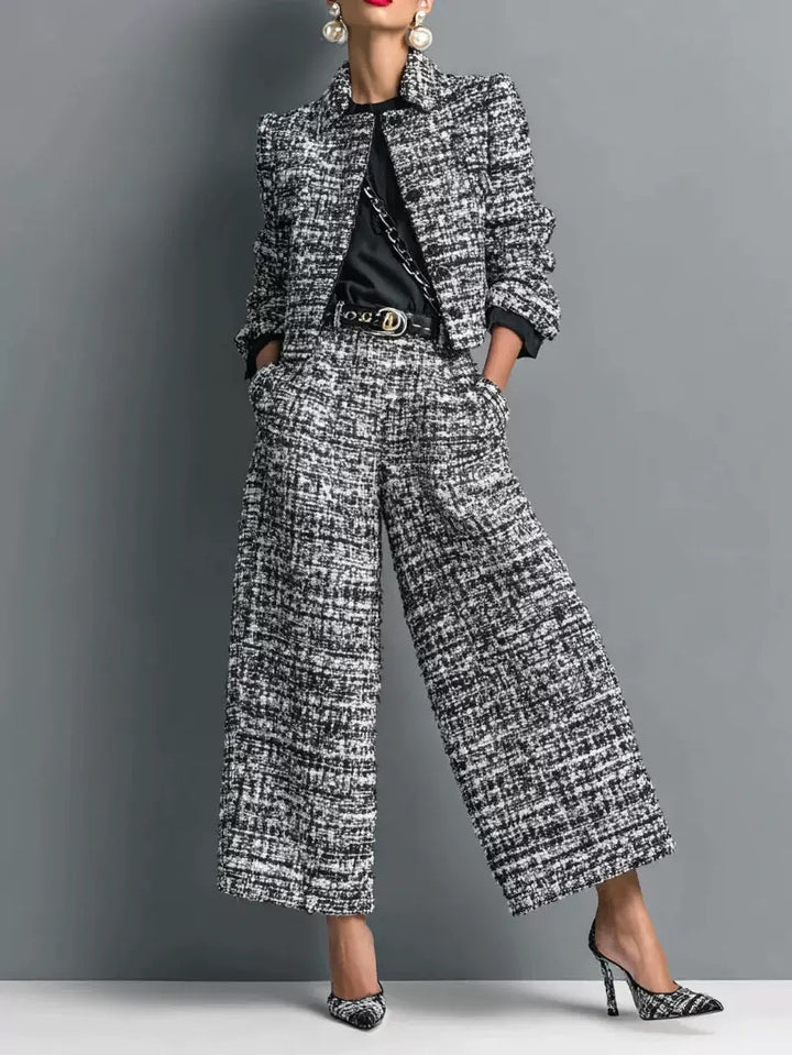 Women’s Textured Tweed Cropped Blazer Wide Leg Office Set