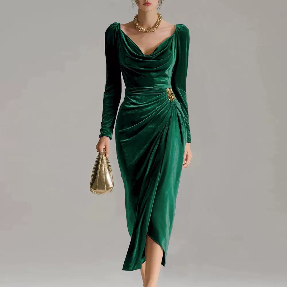 Women’s Velvet Ruched Draped Midi Dress