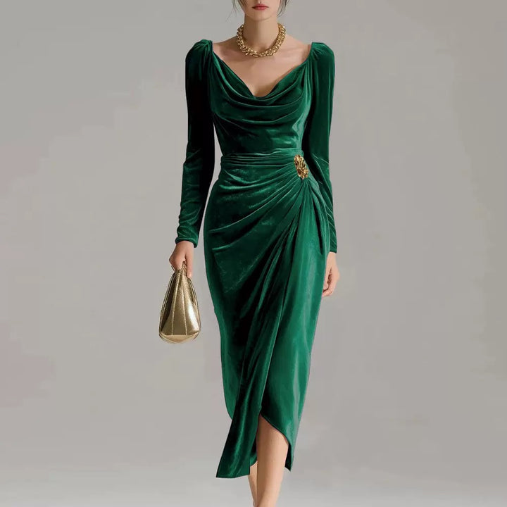 Women’s Velvet Ruched Draped Midi Dress