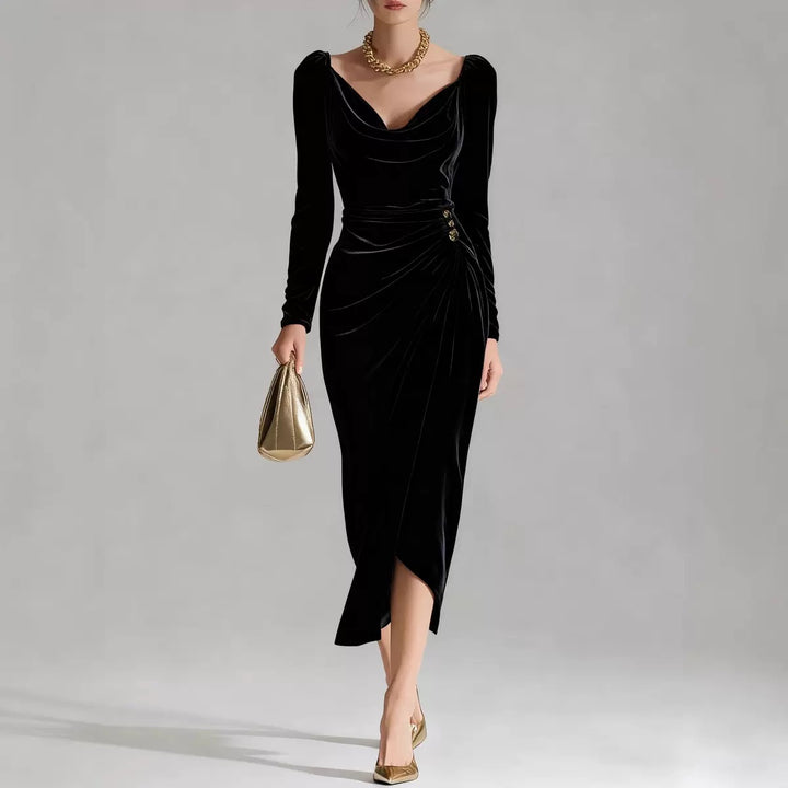 Women’s Velvet Ruched Draped Midi Dress