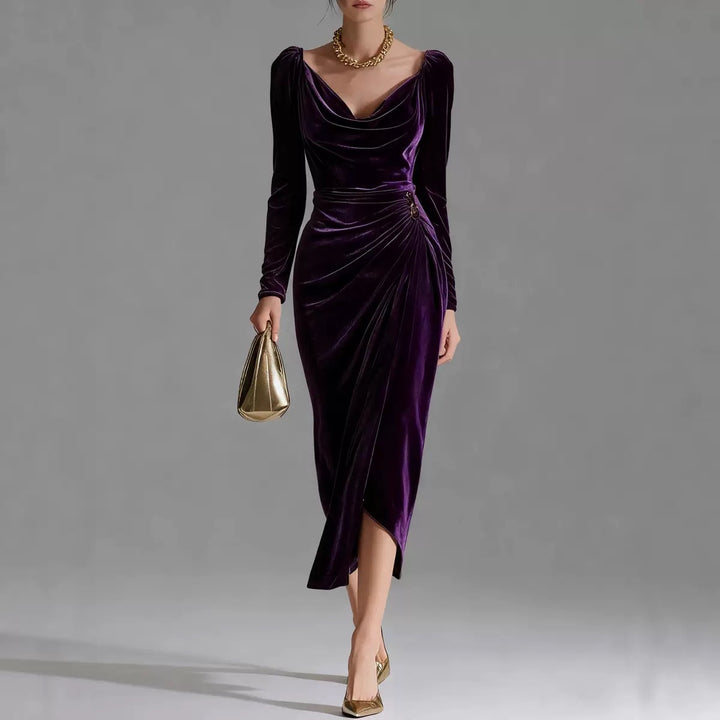 Women’s Velvet Ruched Draped Midi Dress