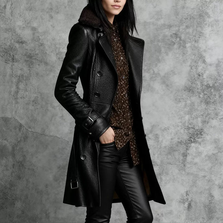 Women’s Shearling Collar Double-Breasted Longline Leather Coat