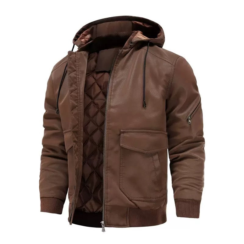 Men’s Hooded Faux Leather Quilted Bomber Jacket