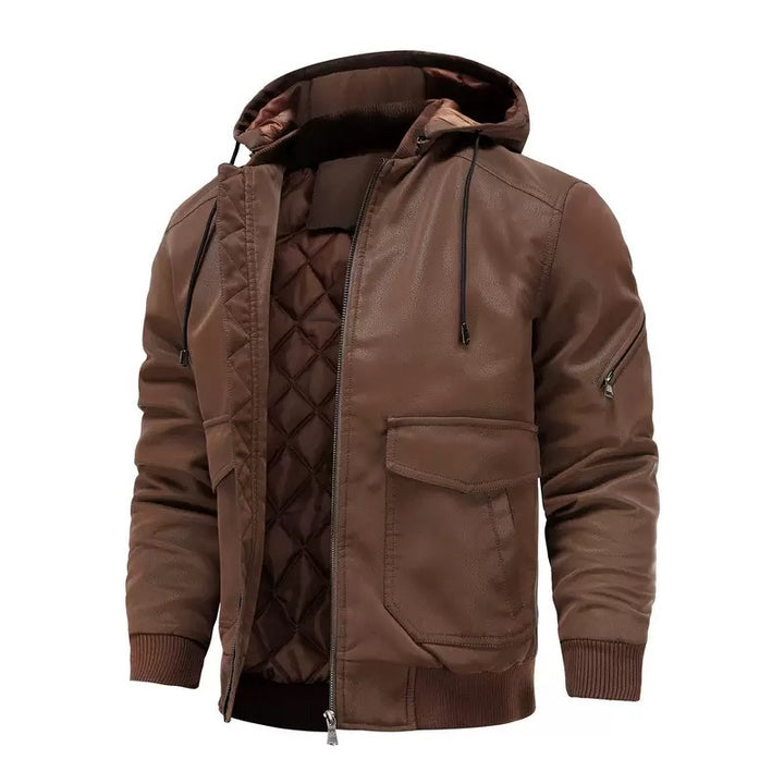 Men’s Hooded Faux Leather Quilted Bomber Jacket